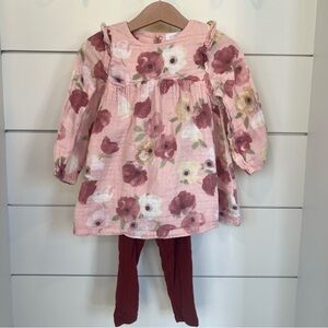Floral Pink Long Sleeve Muslin Dress w/ leggings
